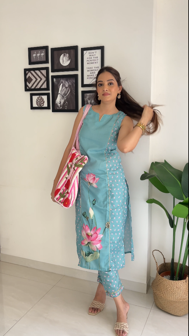 Floral Printed Panelled Gotta Patti Kurta with Trousers