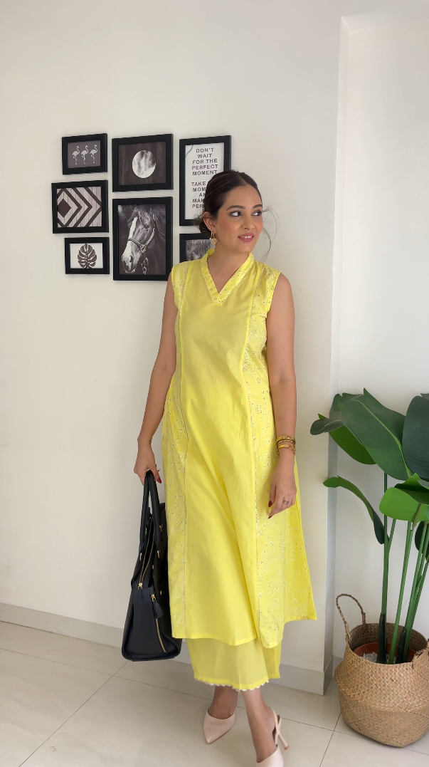 Yellow Printed Pure Cotton Kurta Palazzo Set