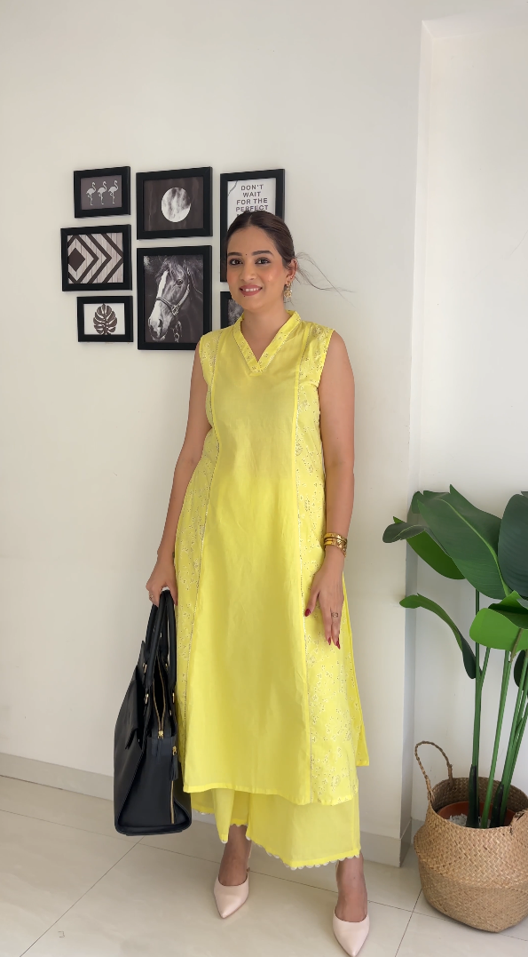 Yellow Printed Pure Cotton Kurta Palazzo Set