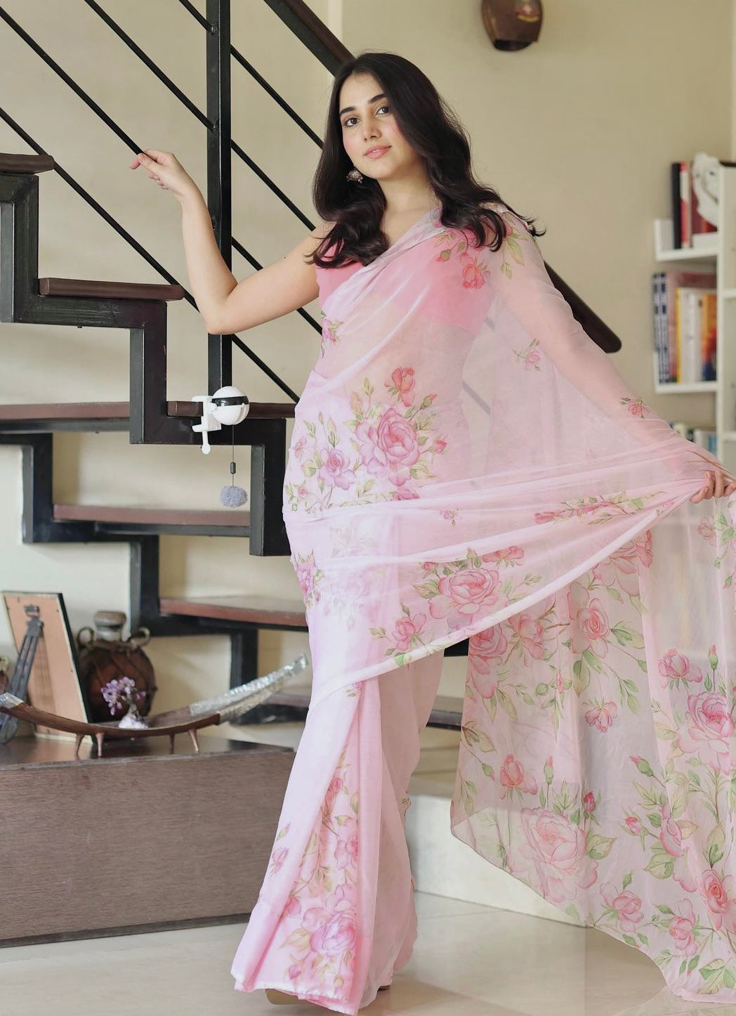 Baby Pink Chiffon Digital Floral Print Saree