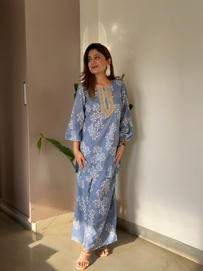 Blue Embroidered Floral Printed Co-ords