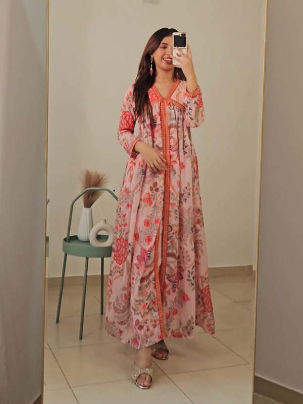 Pink Floral Printed High Slit Kurta with Trousers