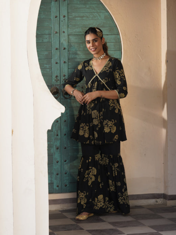 Women's Black Floral Printed Empire Gotta Patti Sharara Set