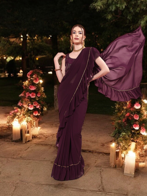 Burgundy Ruffled Poly Georgette Ready to Wear Saree (WIthout Blouse)