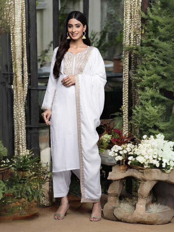 White Ethnic Motifs Embroidered Aari Work Pashmina Kurta with Salwar & With Dupatta