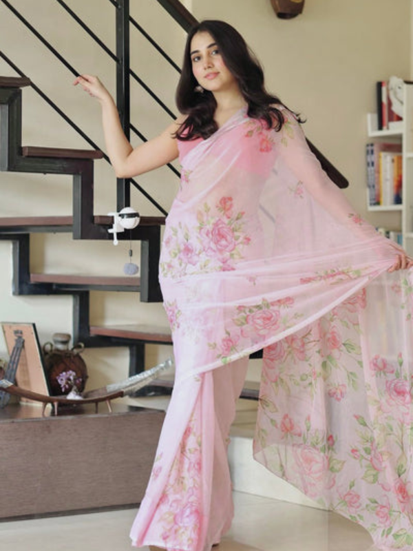 Baby Pink Chiffon Digital Floral Print Saree