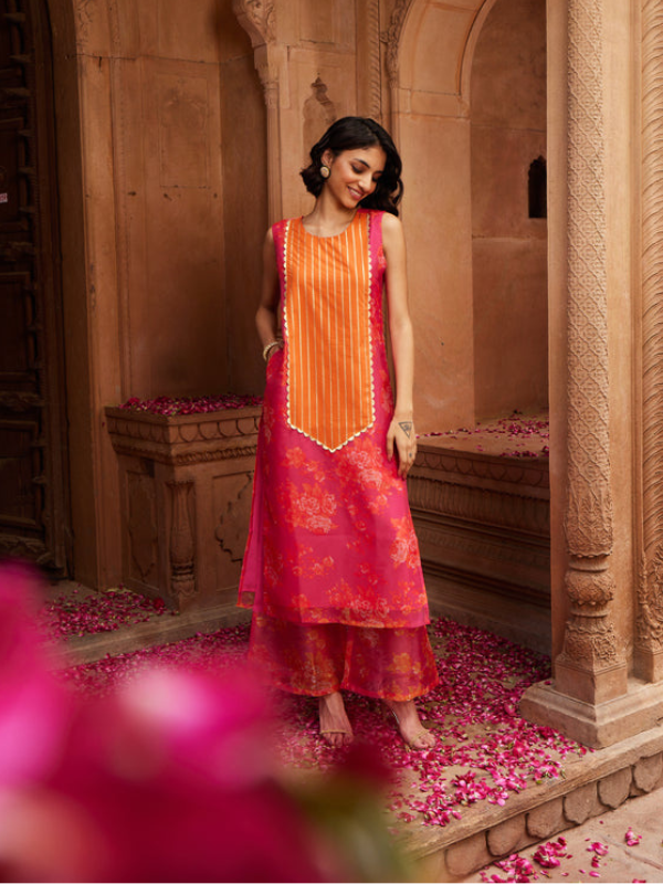 Pink Floral Printed Gotta Patti Kurta with Palazzos