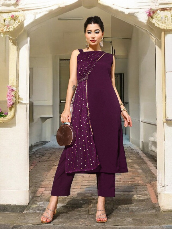 Burgundy Polka Dots Printed Gotta Patti Kurta with Trousers