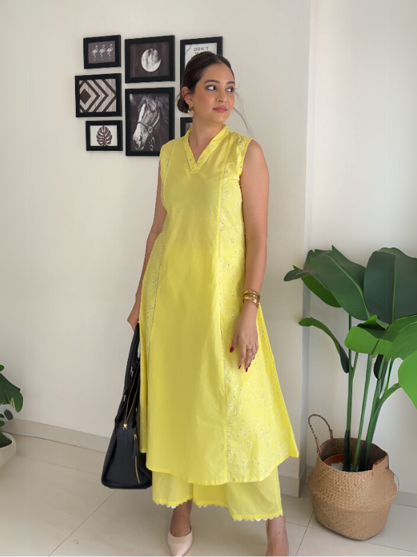 Yellow Printed Pure Cotton Kurta Palazzo Set