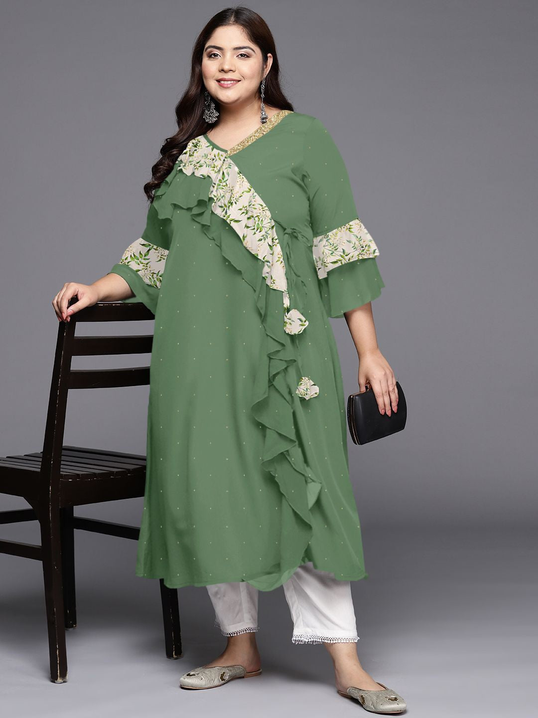 Women Polka Dot Printed Flared Sleeves A line Kurta