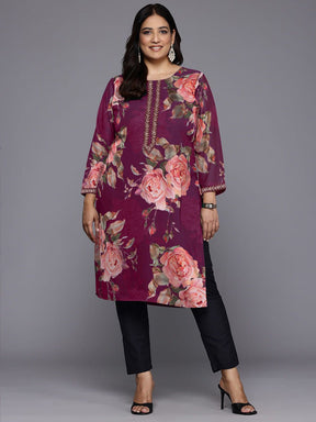 Women Floral Printed Round Neck Plus Size Straight Kurta