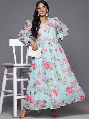 Turquoise Blue & Pink Plus Size Floral Printed A-Line Maxi Dress