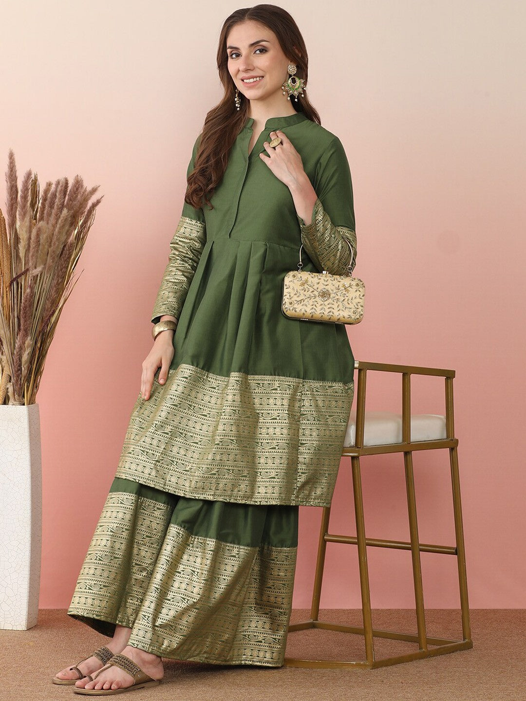 Ethnic Motifs Printed Pleated Mandarin Collar Anarkali Kurta With Sharara