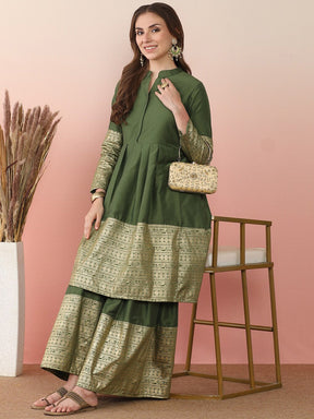 Ethnic Motifs Printed Pleated Mandarin Collar Anarkali Kurta With Sharara