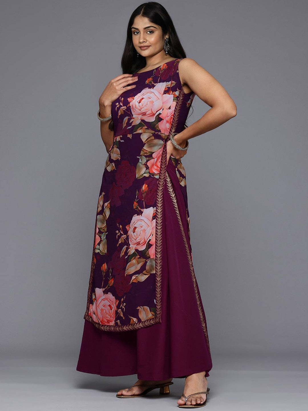 Plus Size Floral Printed A-Line Maxi Ethnic Dress