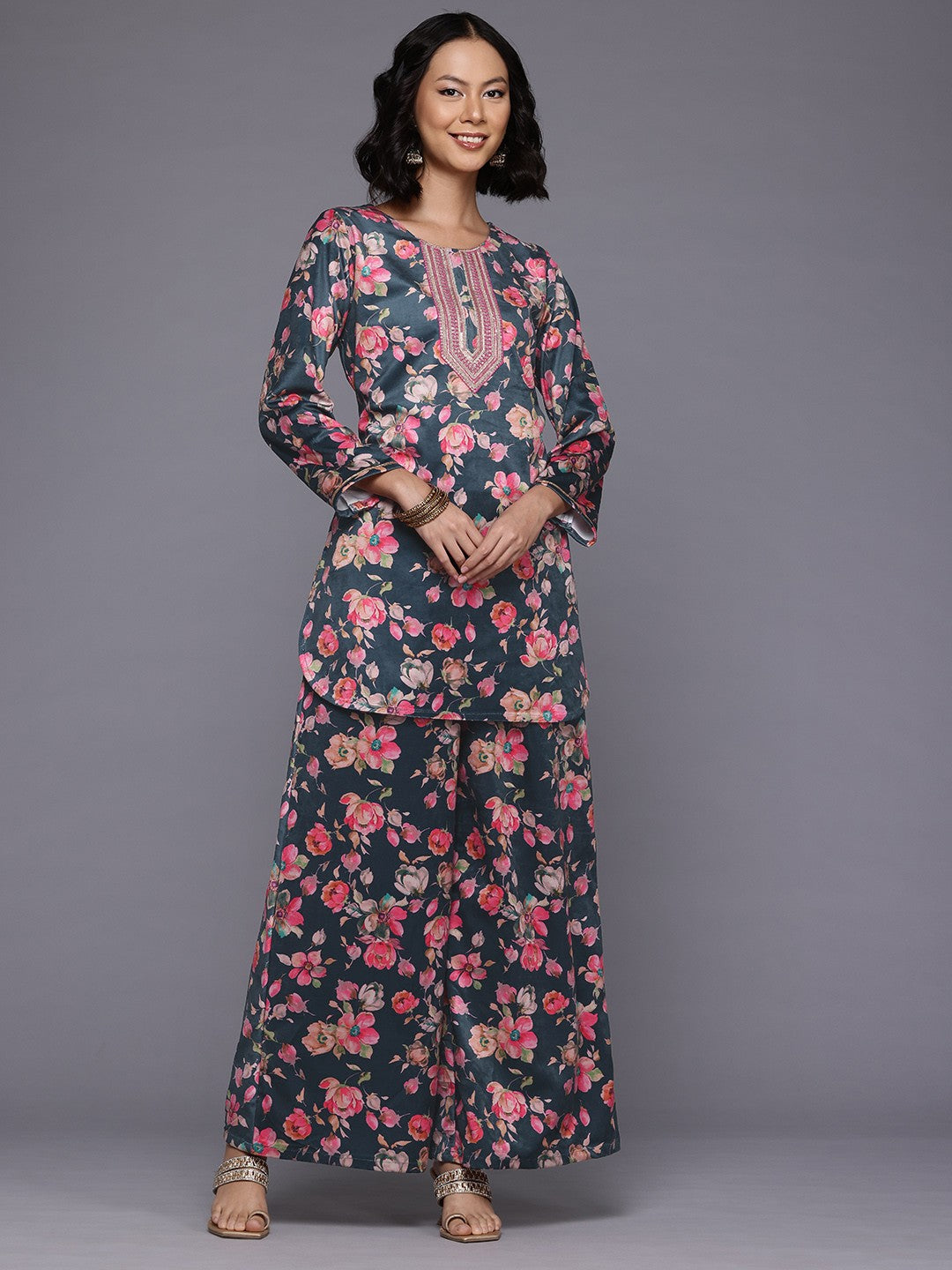 Floral Print Velvet Tunic With Palazzos