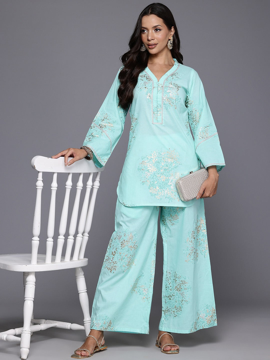 Floral Printed Pure Cotton Tunic With Palazzos