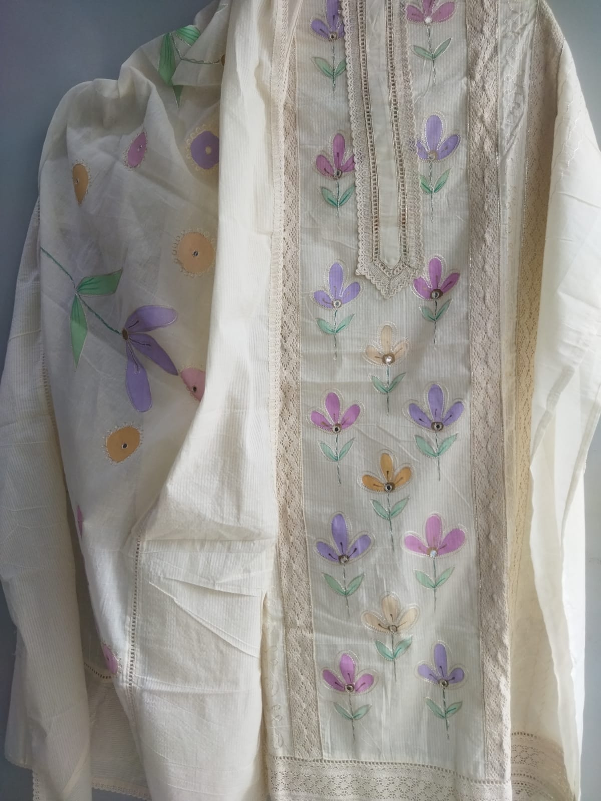 Cream White Lace Work Printed Pakistani Inspired Cotton Suit Set