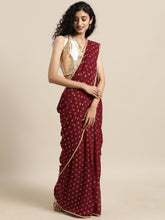 Ahalyaa Maroon & Golden Georgette Printed Ready to Wear Saree (Without Blouse)