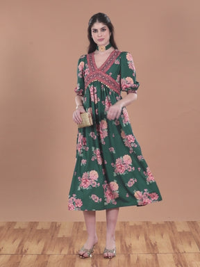 Green Floral Printed Empire Ethnic Dress