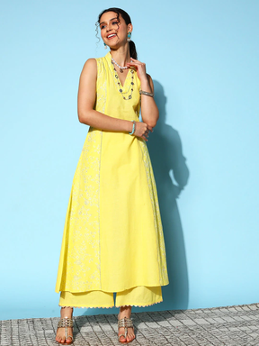 Yellow Printed Pure Cotton Kurta Palazzo Set