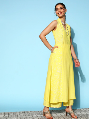 Yellow Printed Pure Cotton Kurta Palazzo Set