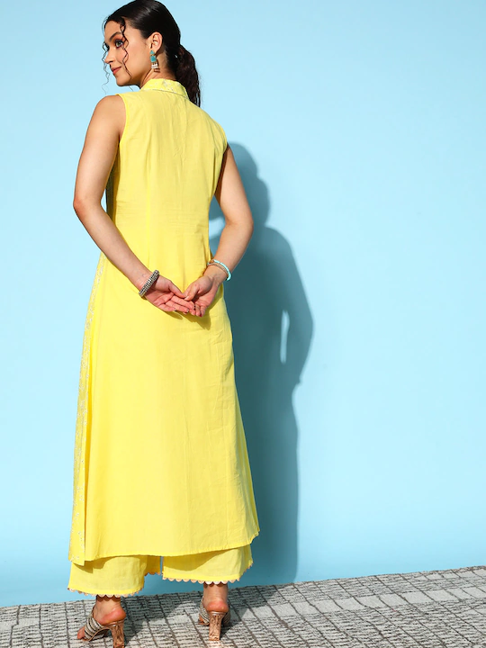 Yellow Printed Pure Cotton Kurta Palazzo Set