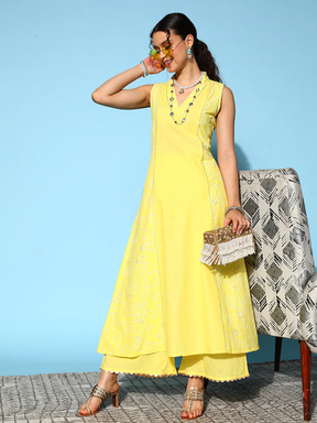 Yellow Printed Pure Cotton Kurta Palazzo Set