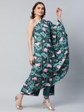 Green Floral Printed Kurta with Palazzo Set