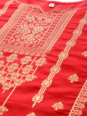 Red Woven Design Kurta with Trousers