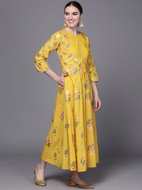 Yellow Floral Print Fit & Flare Pure Cotton Maxi Ethnic Dress