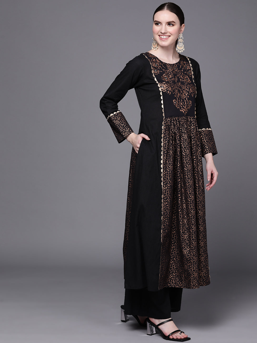 Black Floral Printed Pure Cotton Kurta with Palazzos