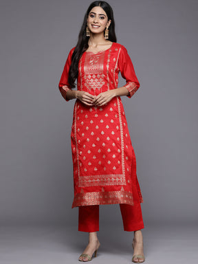 Red Woven Design Kurta with Trousers