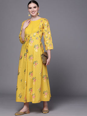 Yellow Floral Print Fit & Flare Pure Cotton Maxi Ethnic Dress