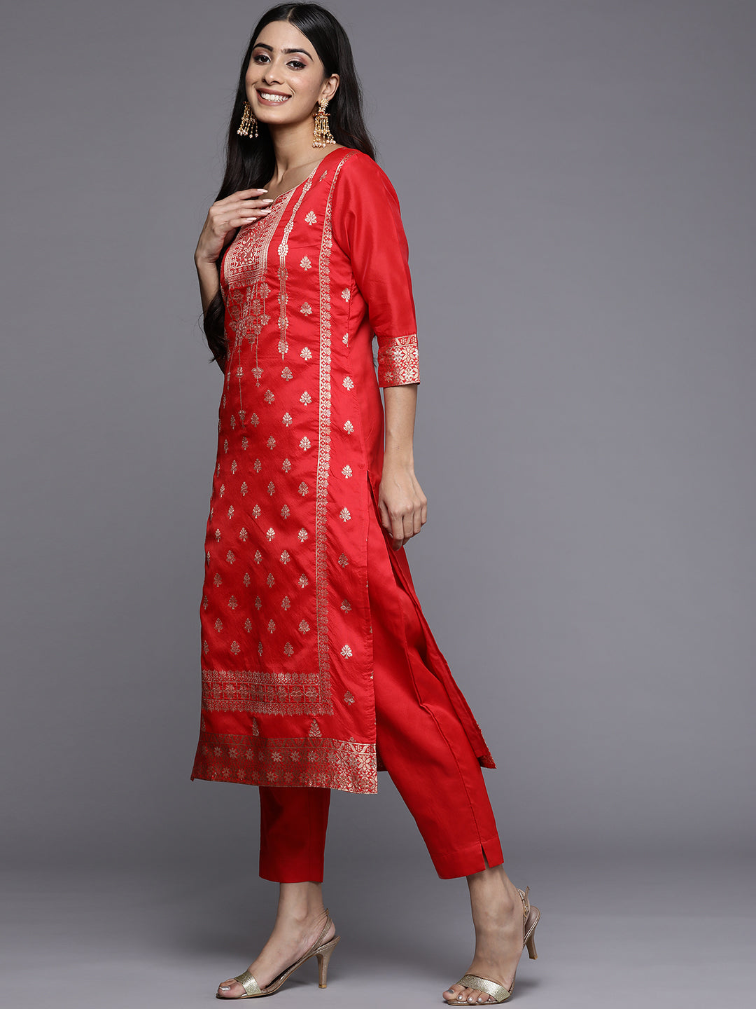 Red Woven Design Kurta with Trousers