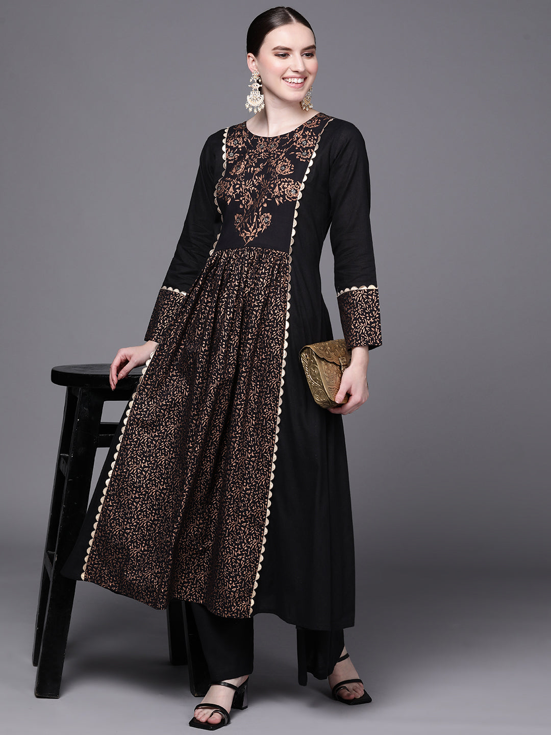 Black Floral Printed Pure Cotton Kurta with Palazzos