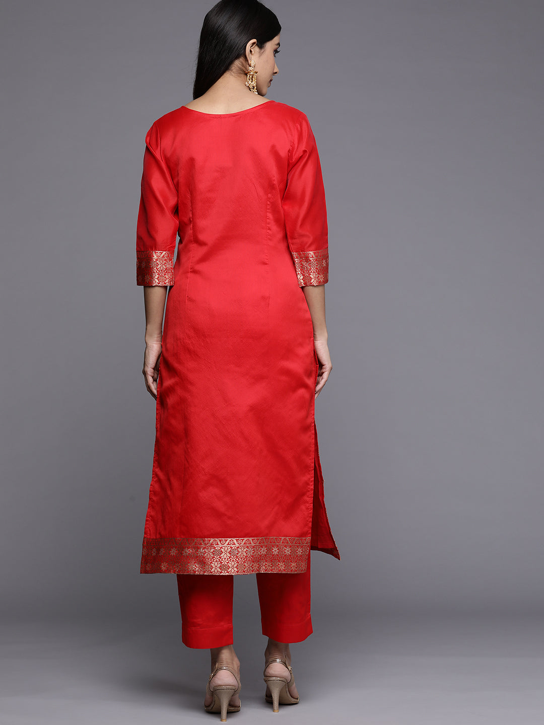 Red Woven Design Kurta with Trousers