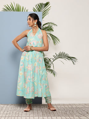 Blue Floral Printed Gotta Patti Kurta with Churidar