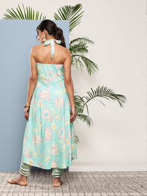 Blue Floral Printed Gotta Patti Kurta with Churidar