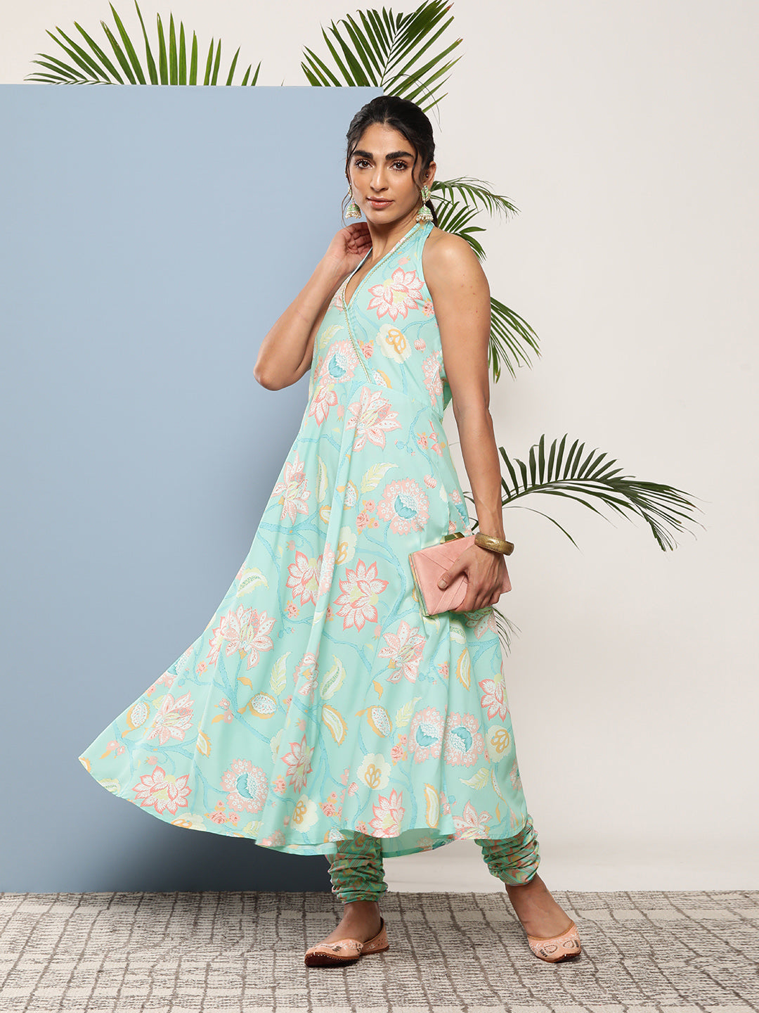 Blue Floral Printed Gotta Patti Kurta with Churidar