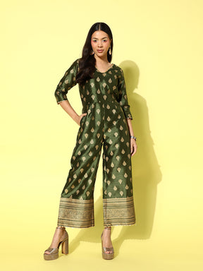 Olive Green & Gold Printed Jumpsuit