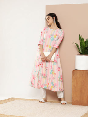 Pink & Green Printed Gotta Patti Floral Crepe Kurta