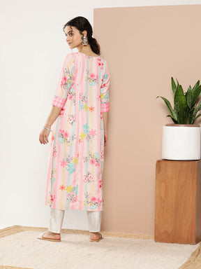 Pink & Green Printed Gotta Patti Floral Crepe Kurta