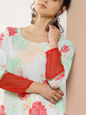 Turquoise Blue & Red Floral Printed Gotta Patti Kurta