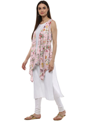 White & Pink Floral Scarf Cape attached Straight Kurta