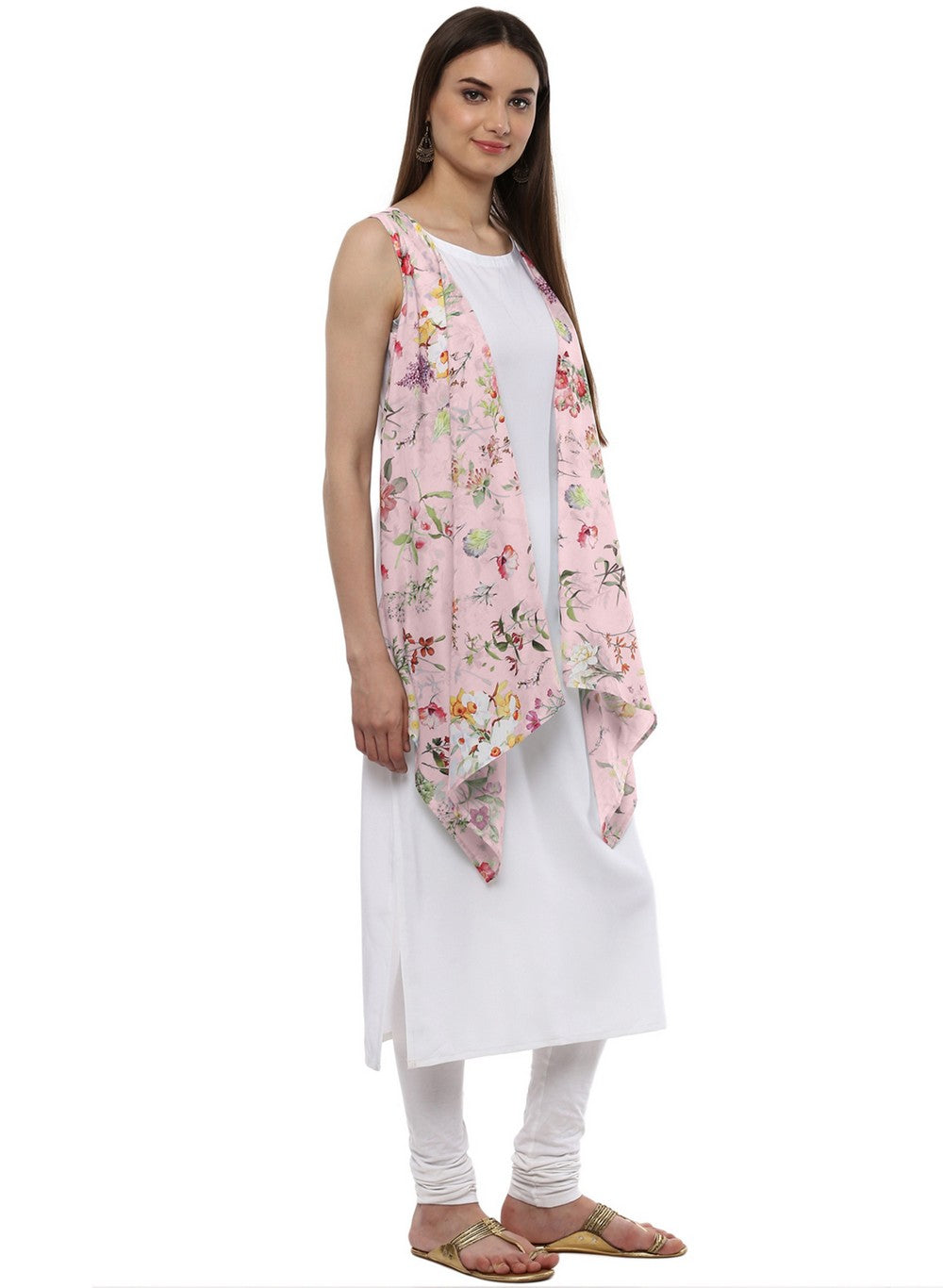 White & Pink Floral Scarf Cape attached Straight Kurta