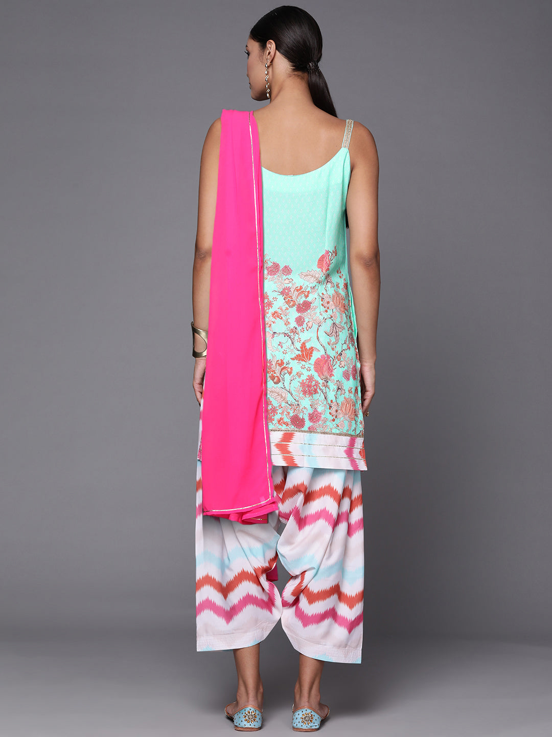 Blue Floral Printed Kurta with Patiala & With Dupatta