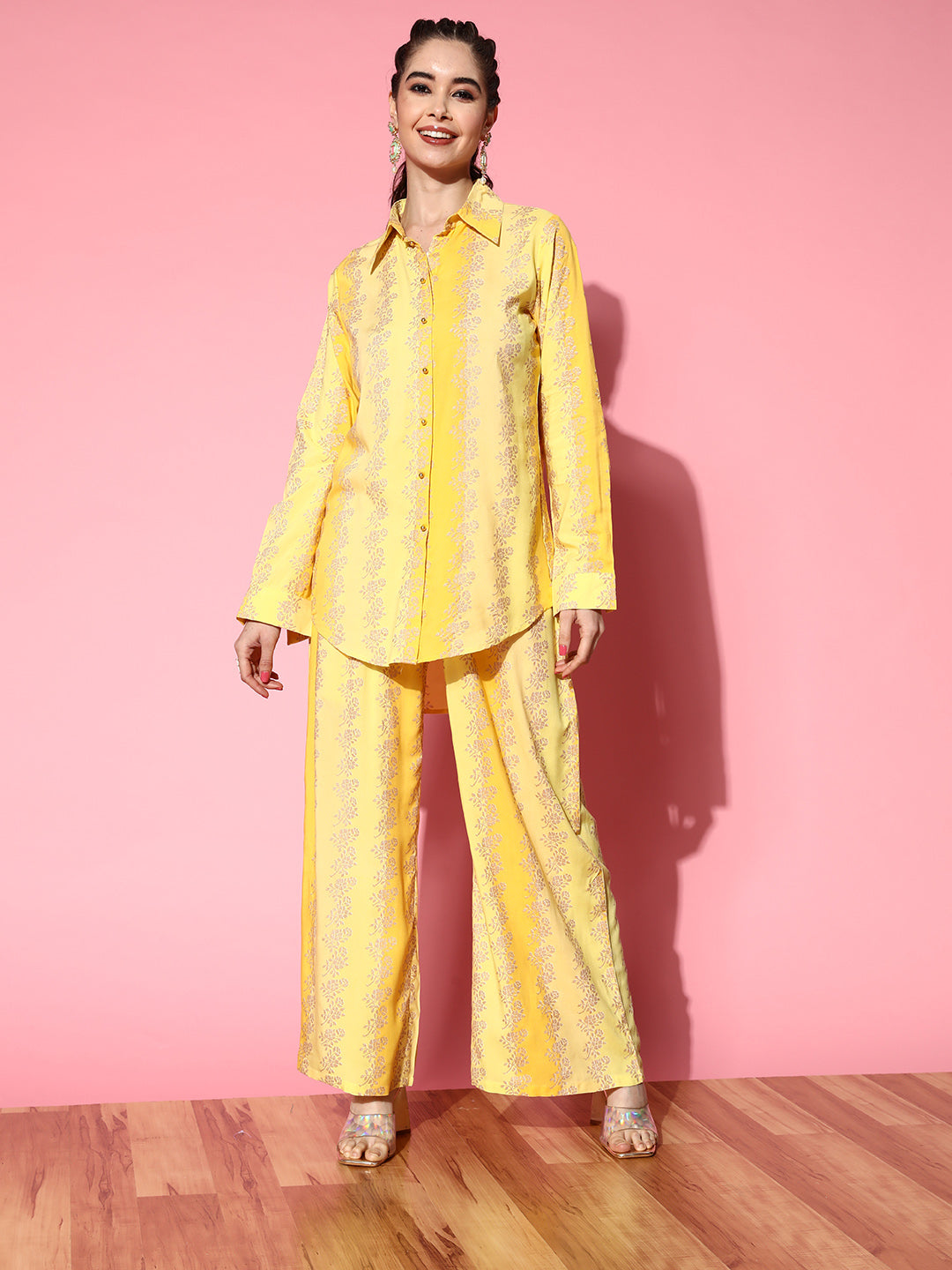 Yellow Floral Printed Shirt and Palazzos