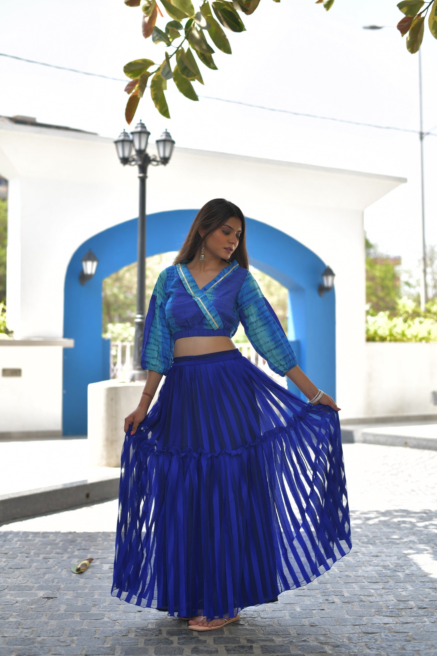 Blue Digital Printed Top with Skirt