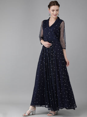 Navy Blue Net & Crepe Silver Toned Polka Dots Printed Maxi Dress